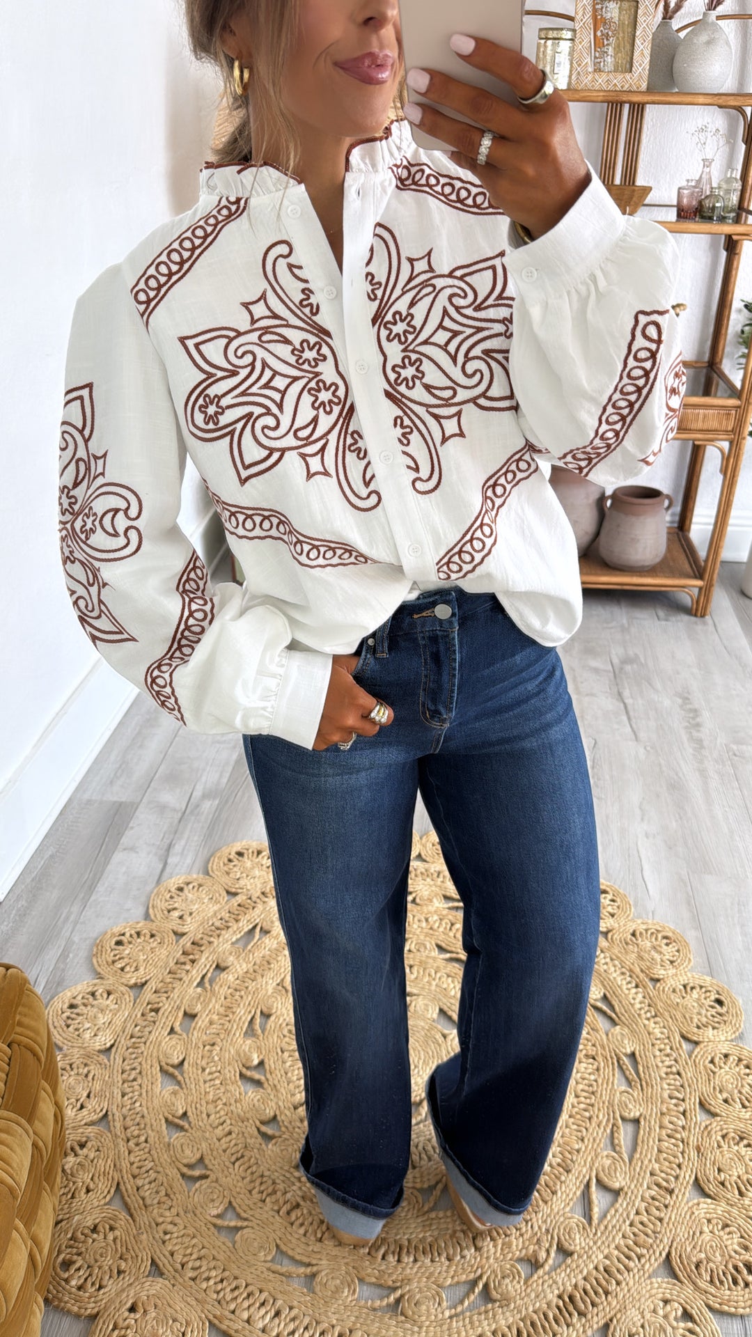 Sundance Ruffle Embroidered Button Up Top, White