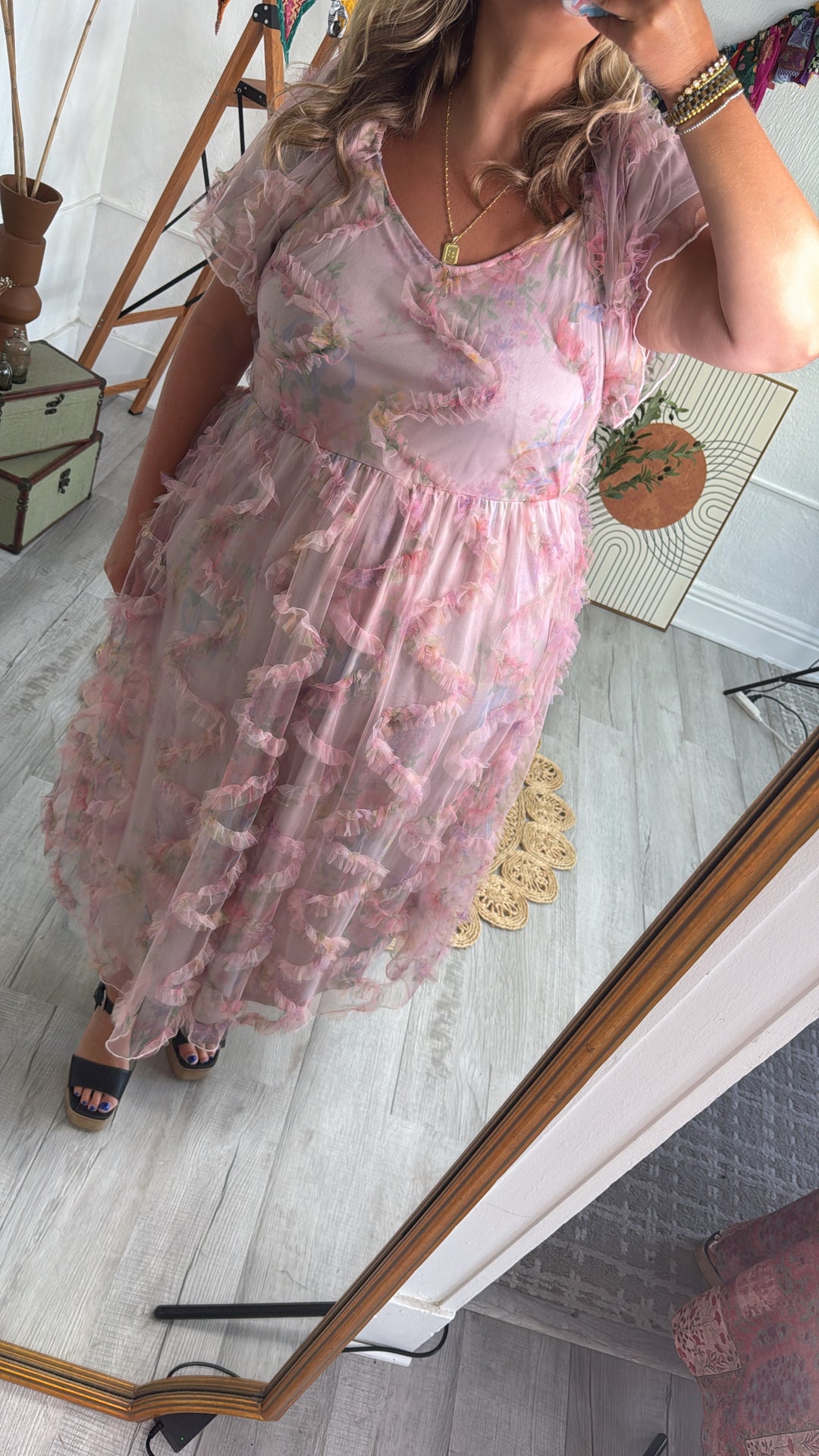 Floral Tulle Maxi Dress, Pink