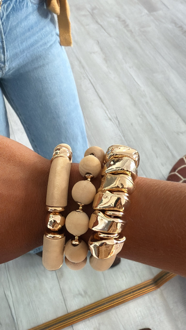 Drexen Wooden Bracelet Stack, Natural/Gold