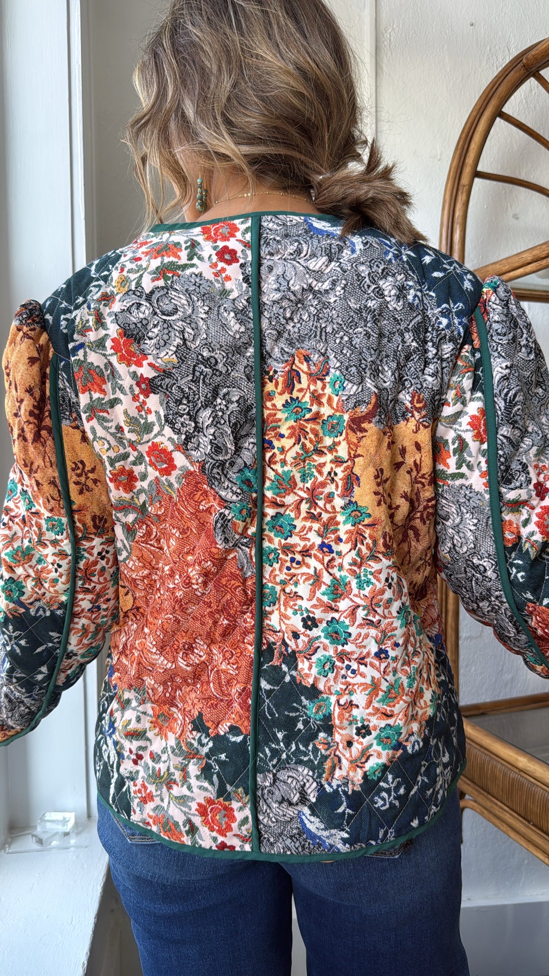 Dream in Patterns Quilted Patchwork Jacket, Navy