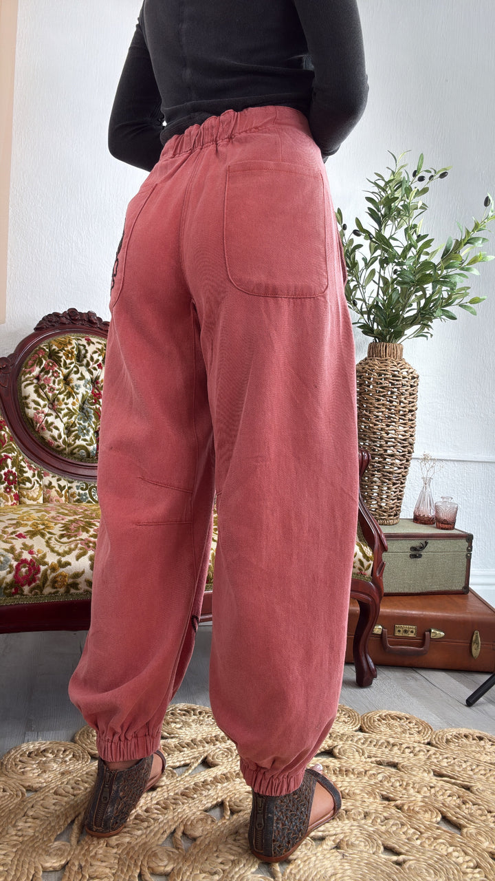 For The Love Of Floral Embroidered Denim Jogger, Dried Apple