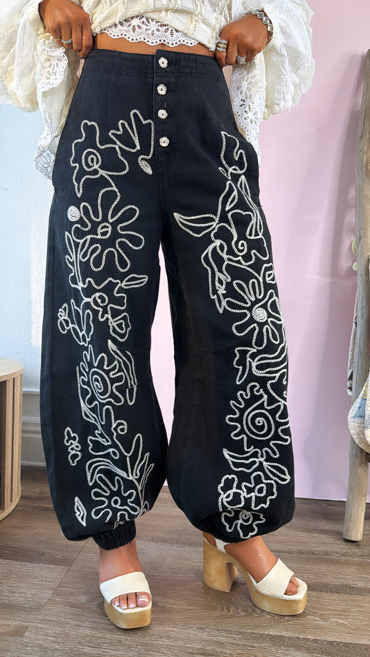 For The Love Of Floral Embroidered Denim Jogger, Black