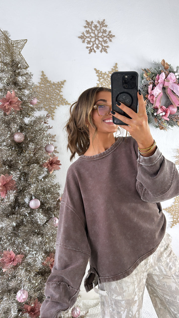 DOORBUSTER: Acid Washed Ribbed Cropped Pullover, Brown