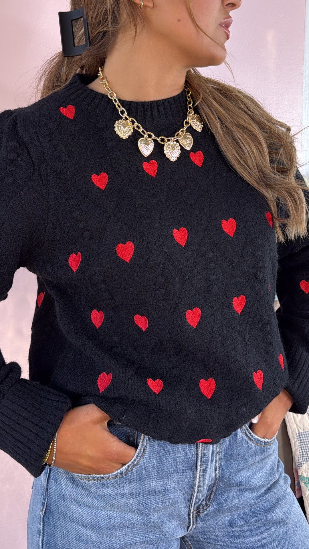XOXO Heart Embroidered Pom Detailed Sweater, Black/Red