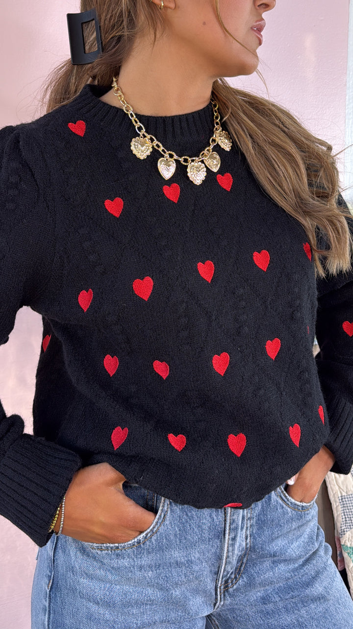 XOXO Heart Embroidered Pom Detailed Sweater, Black/Red