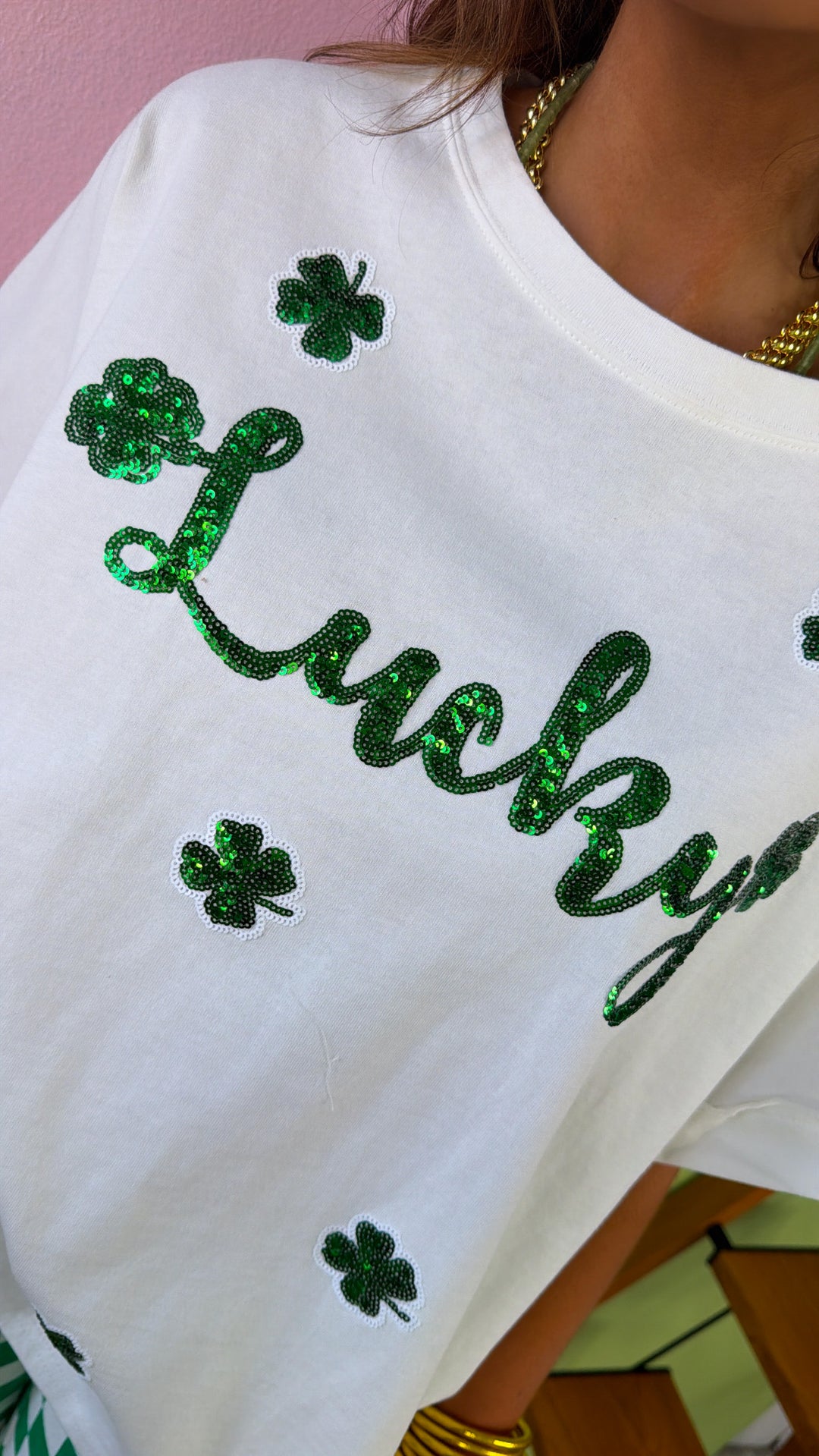 Lucky Sequin Patch Top, White