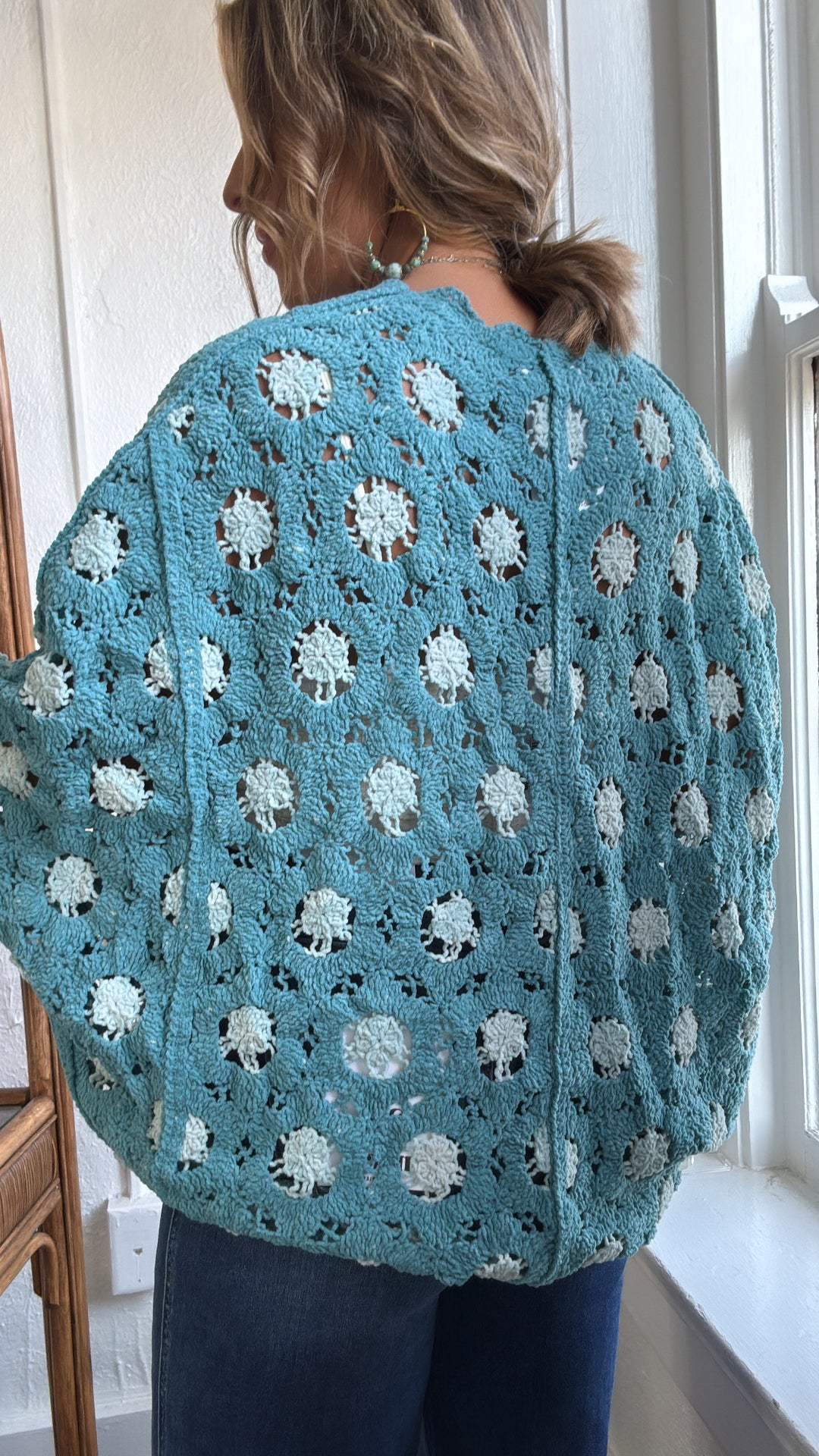 Harvest Drape Cardigan, Teal Blue/ Cream
