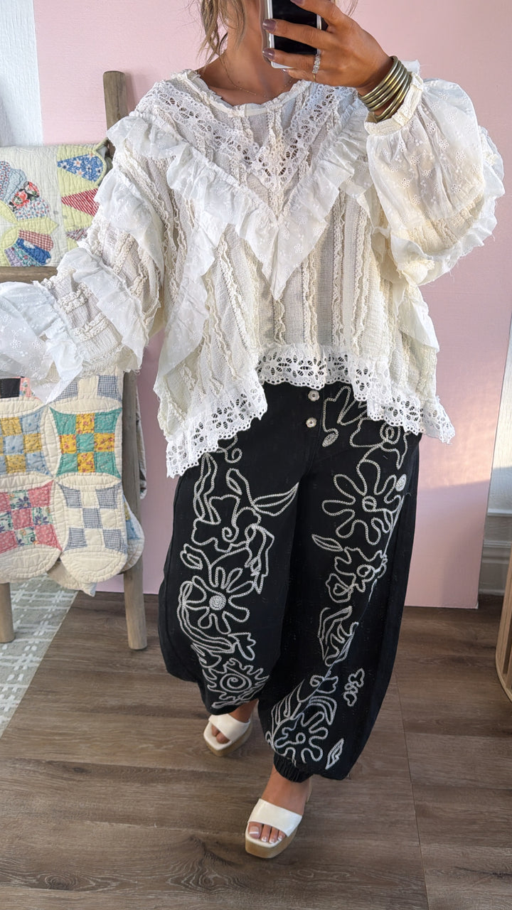 For The Love Of Floral Embroidered Denim Jogger, Black