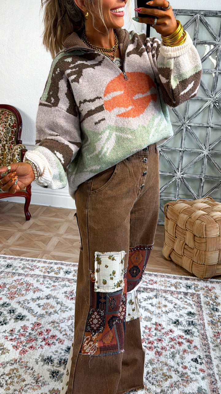 Mountain Top Cozy Quarter Zip, Mocha Multi