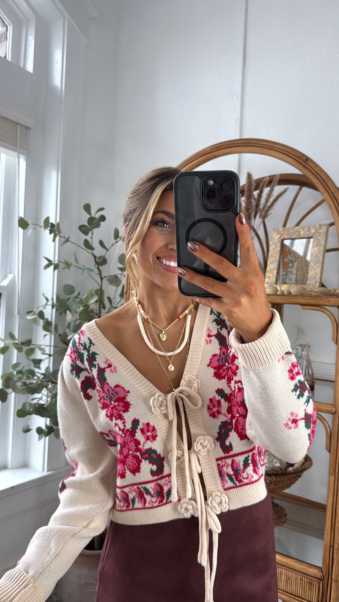 RoseAnn Knit Cardigan, Ivory/Red Floral