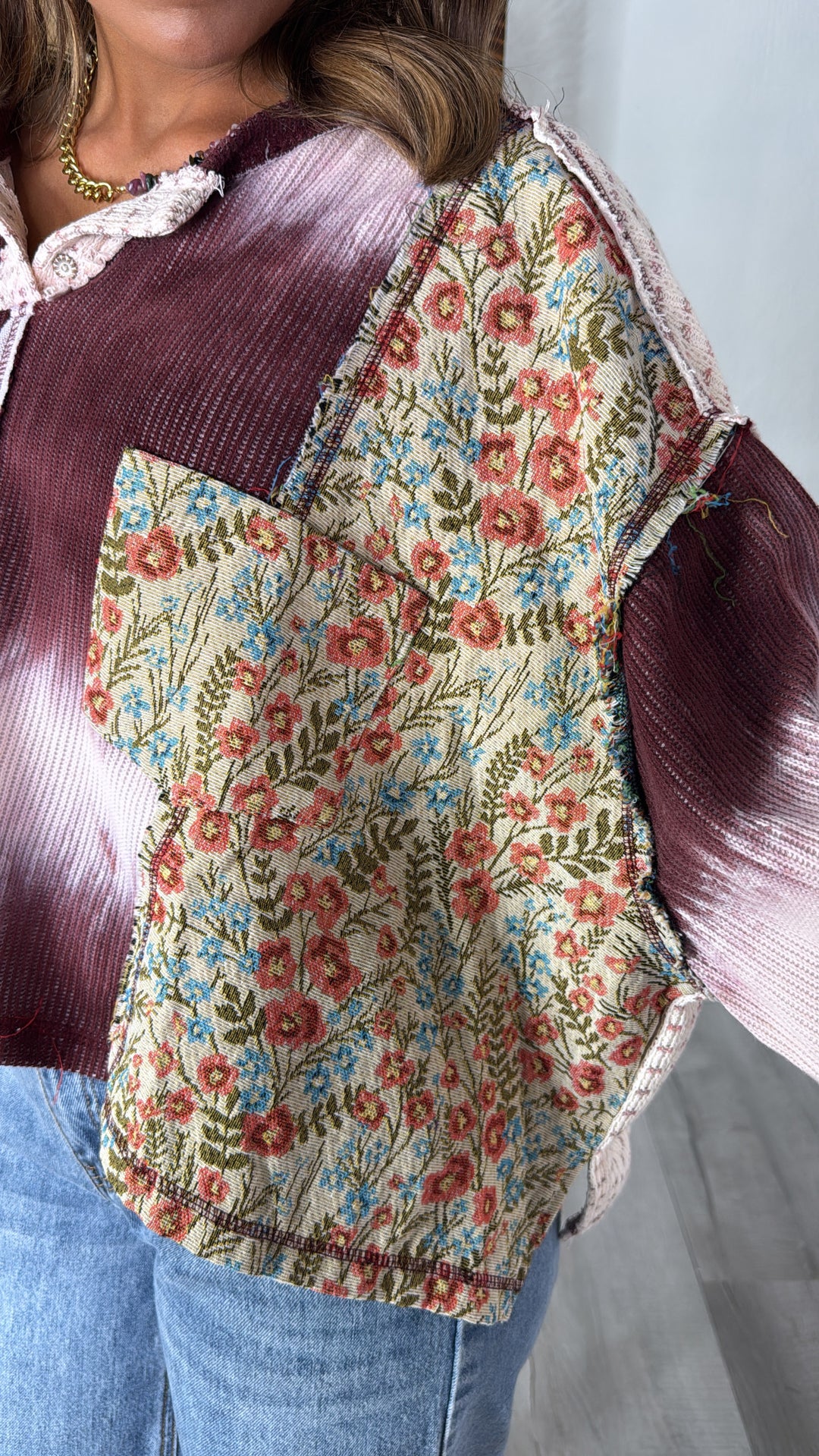 Wild Berry Floral Top, Cream/Burgundy