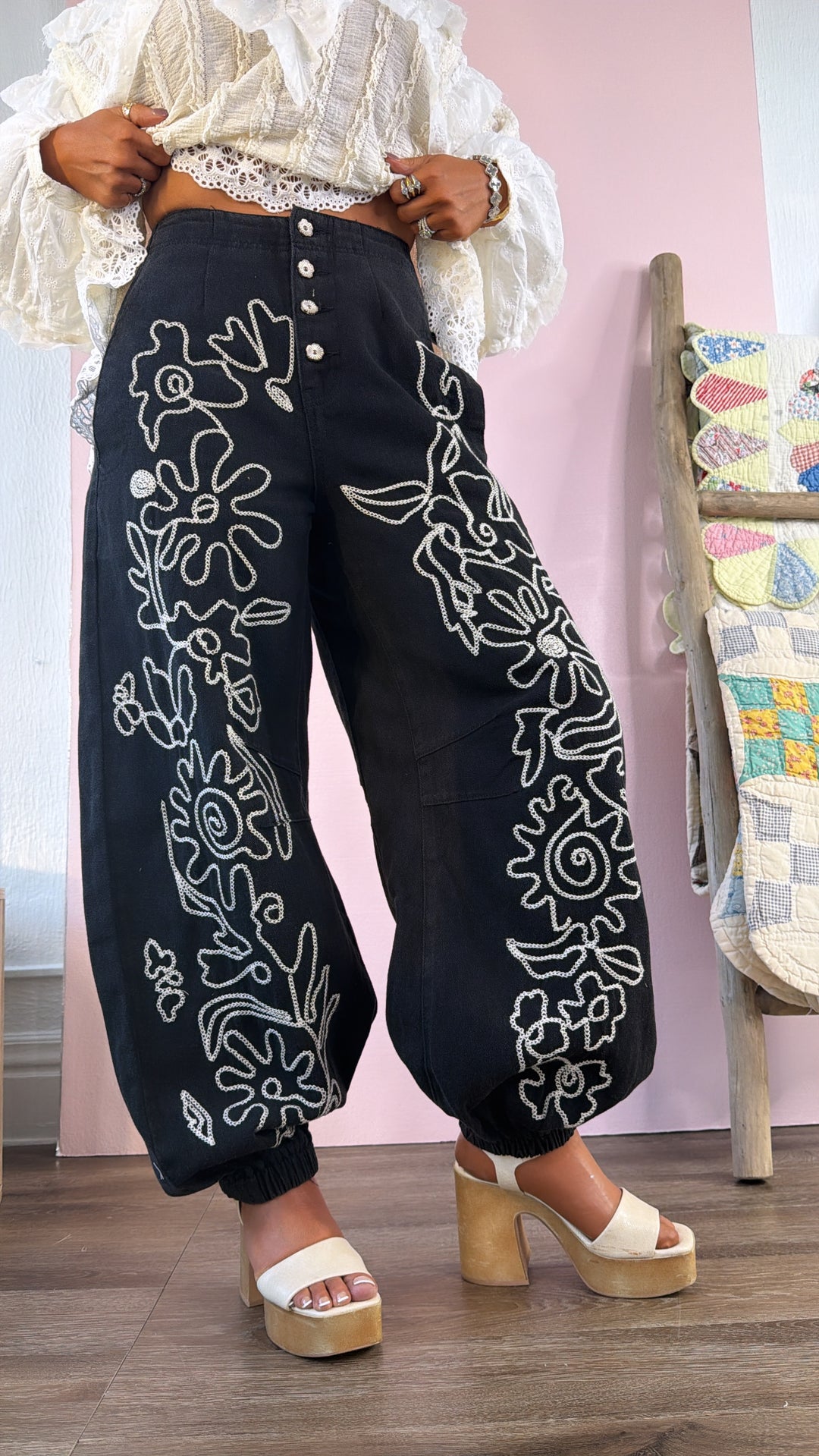 For The Love Of Floral Embroidered Denim Jogger, Black