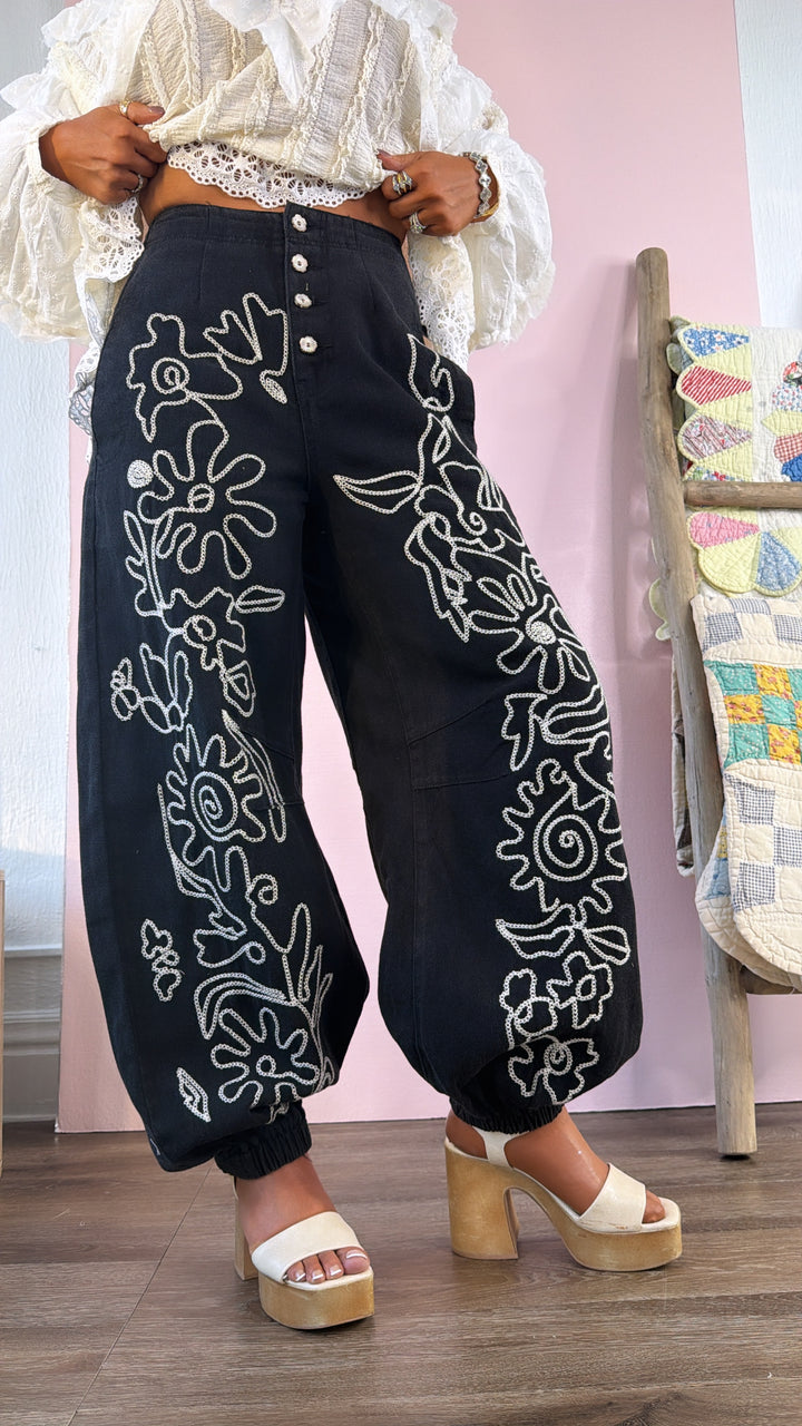For The Love Of Floral Embroidered Denim Jogger, Black