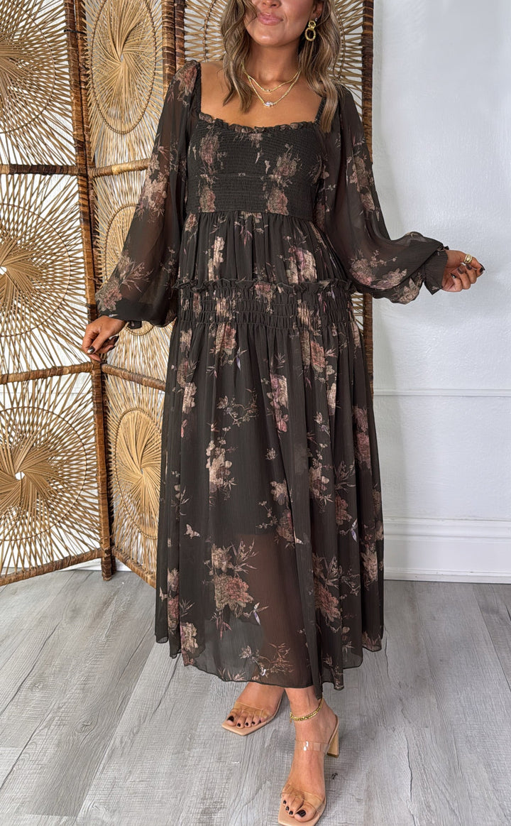 Dusty Bloom Midi Dress, Espresso