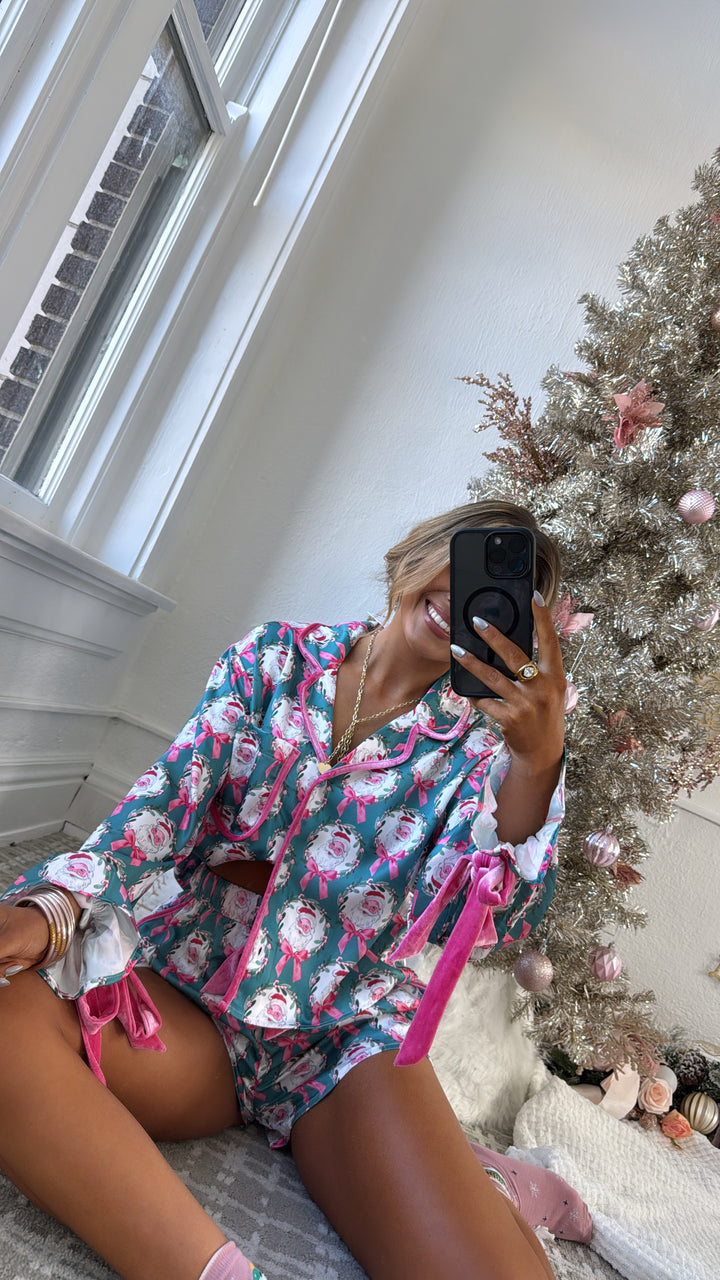 Season Greetings Silk Santa Bow Pajama Set, Teal