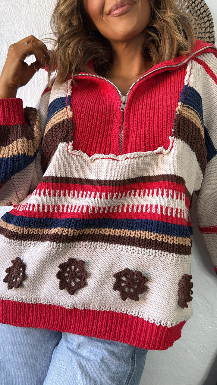 The Cabin Half Zip, Sand/Red Multi