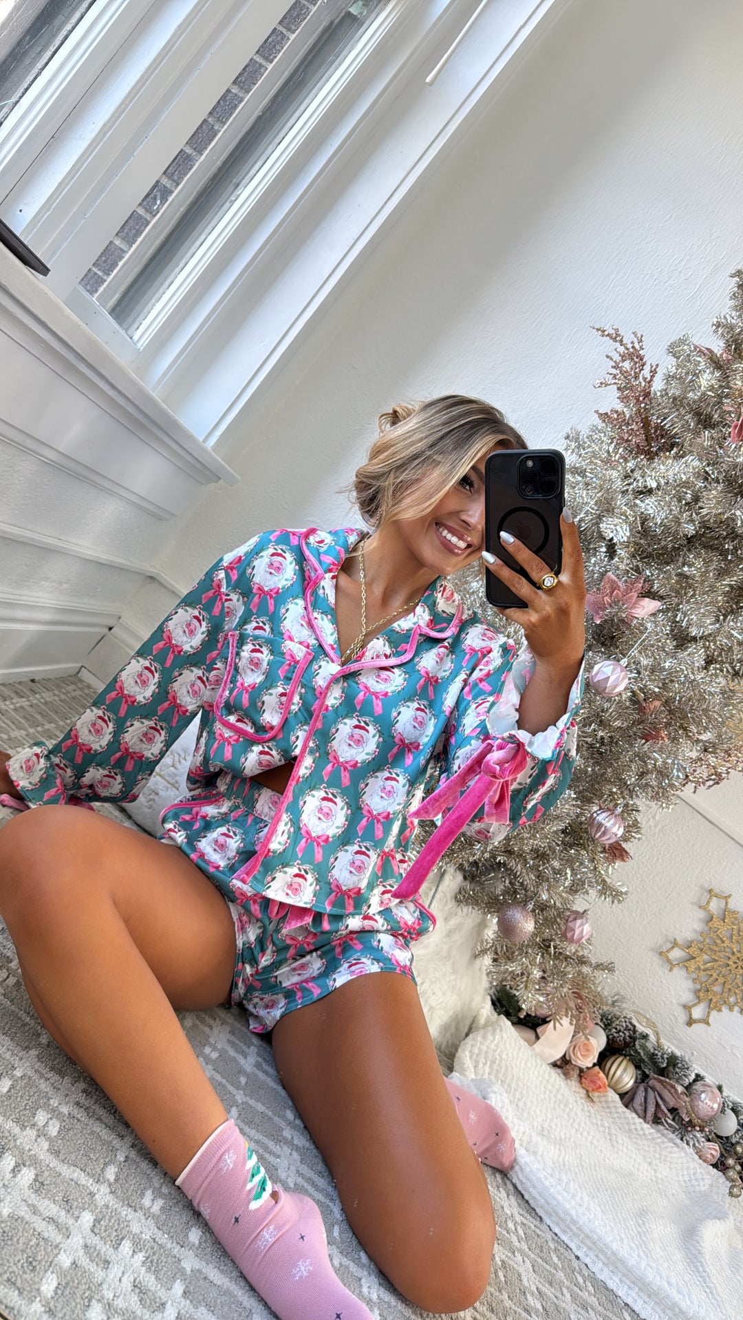 Season Greetings Silk Santa Bow Pajama Set, Teal