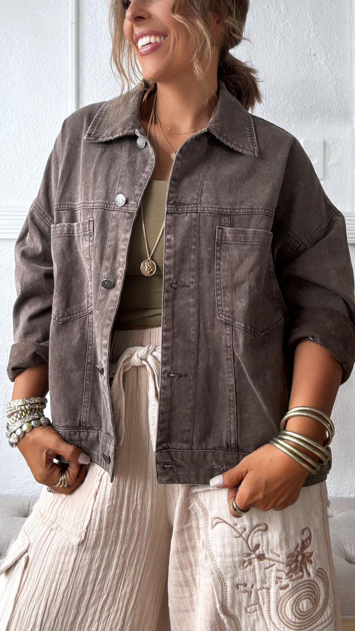 Wrens Button Up Jacket, Black Coffee