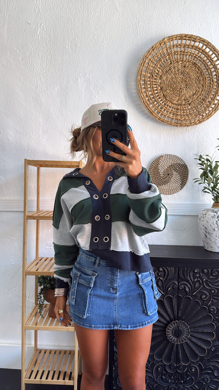 Oxford Pines Cropped Pullover, Forest/Navy