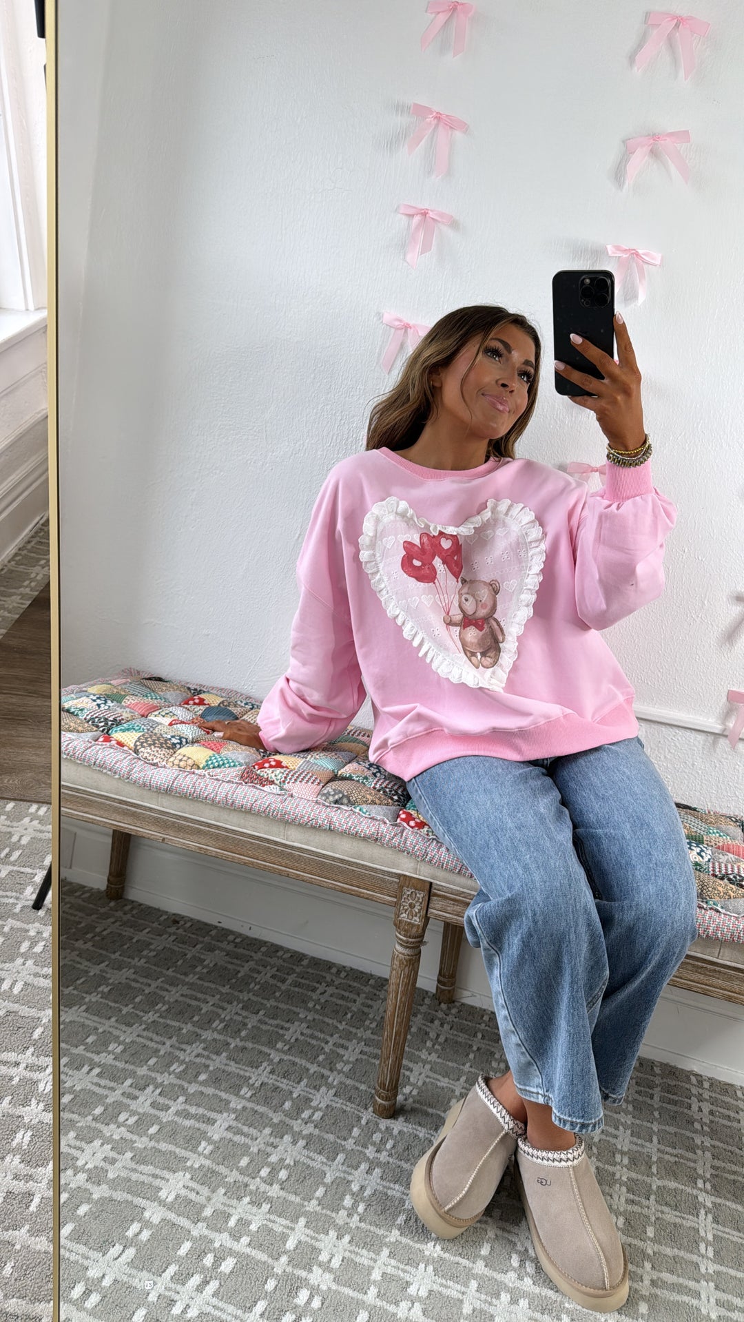 Valentines Bear Patched Sweatshirt, Pink