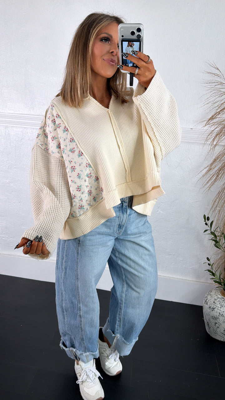 DOORBUSTER: POL Floral Sleeve Sweater, Cream