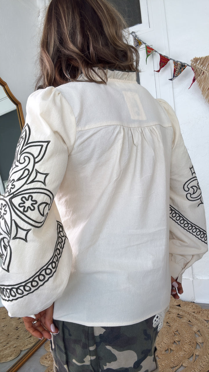 Sundance Ruffle Embroidered Button Up Top, Oatmilk