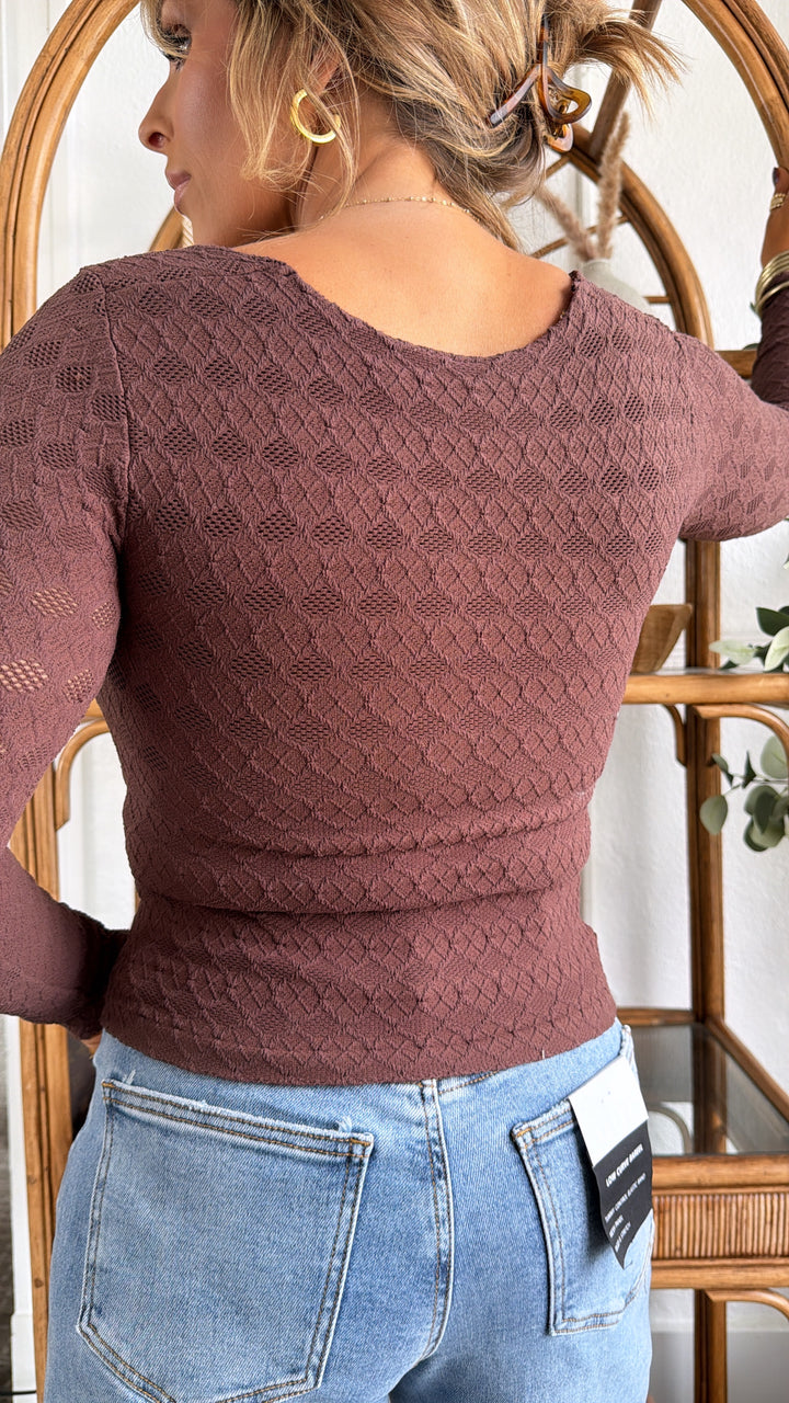 Lace Texture Square Neck Top, French Roast