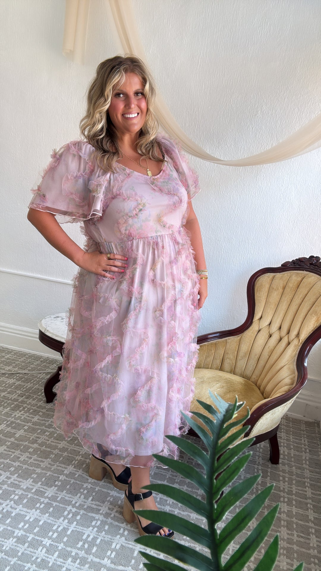 Floral Tulle Maxi Dress, Pink