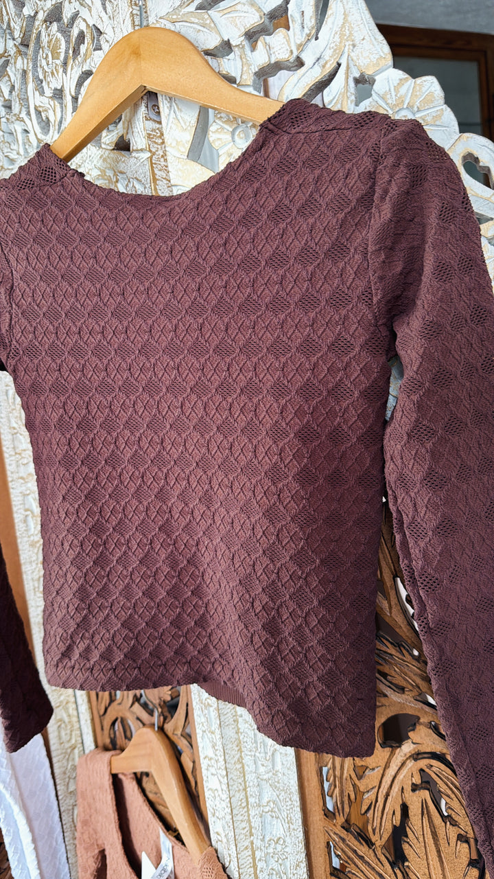 Lace Texture Square Neck Top, French Roast