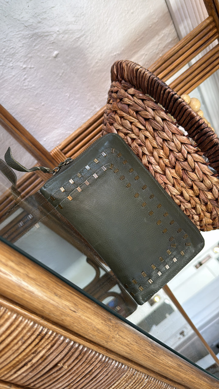 Take The Stage Studded Clutch, Olive