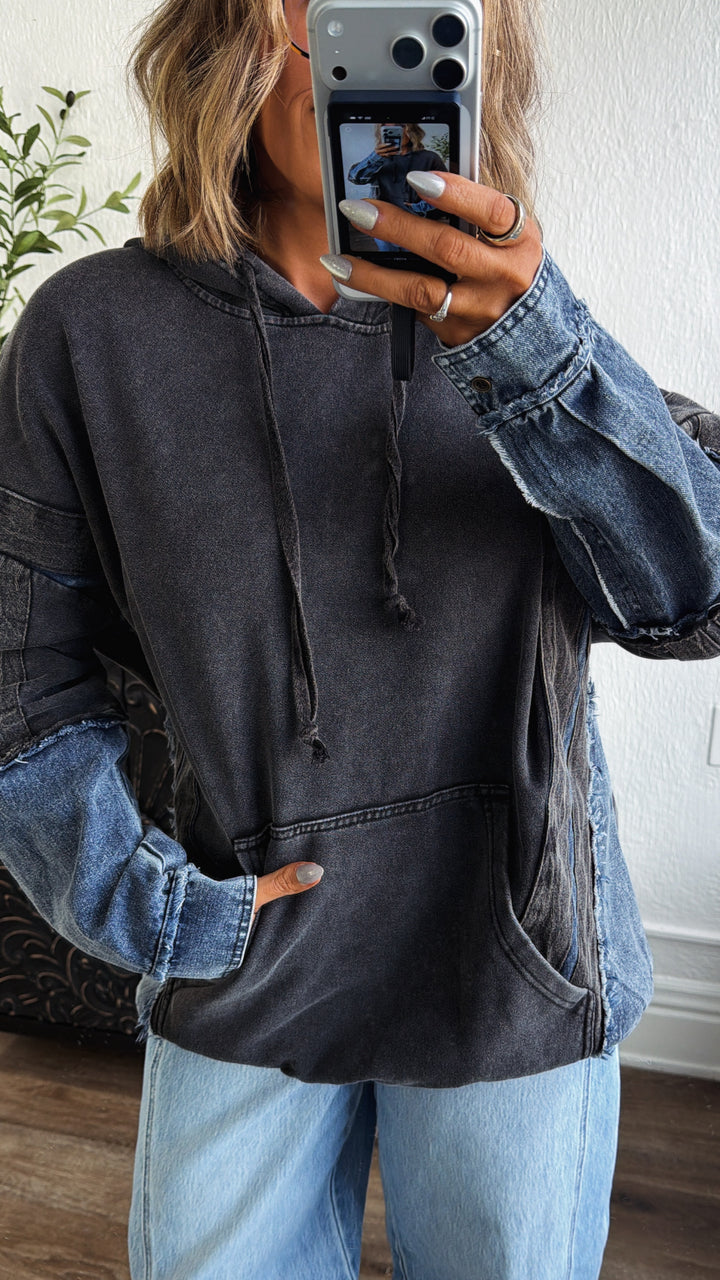 Stonewash Detailed Hoodie, Black