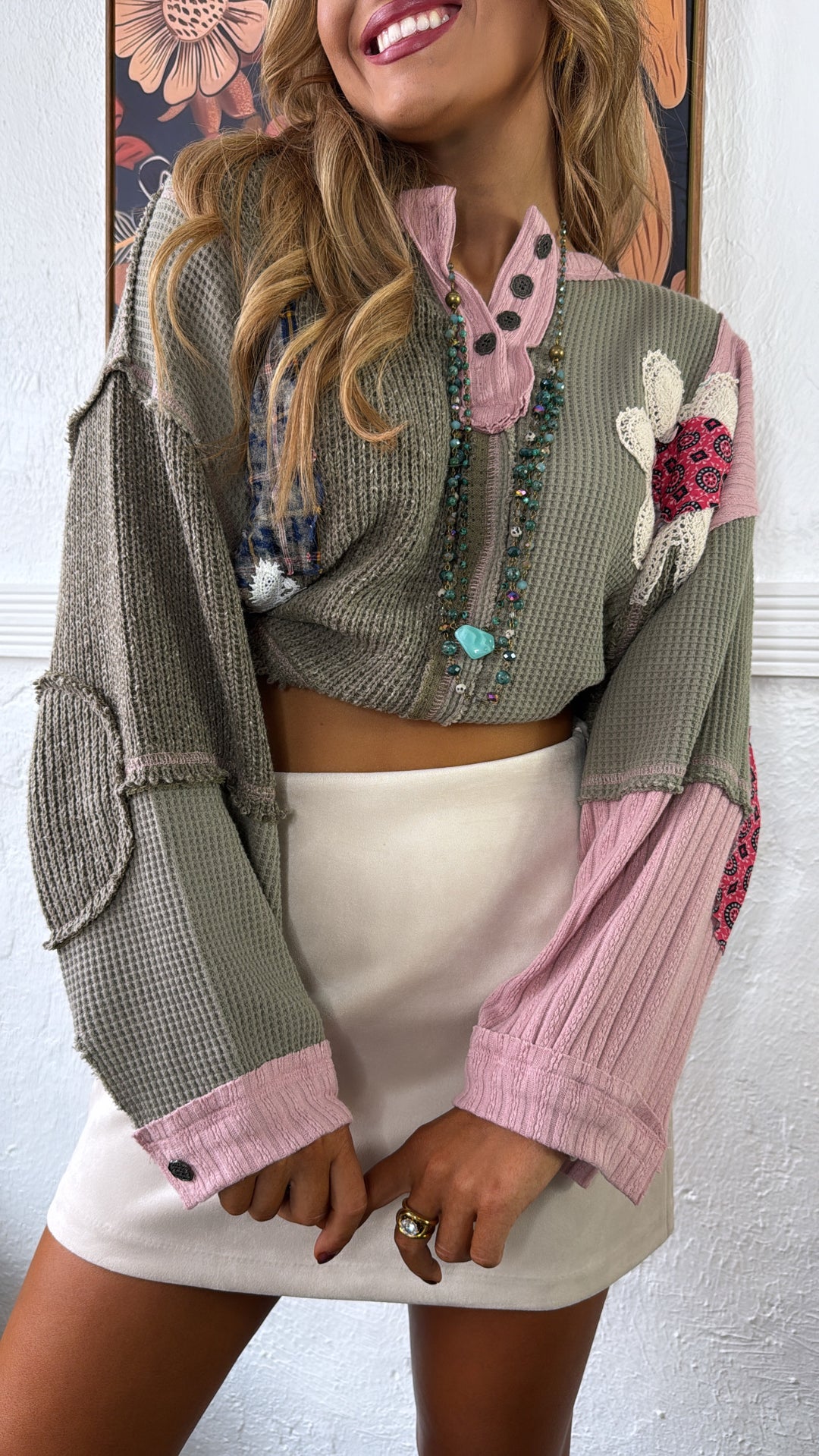 Sweet Impression Patchwork Long Sleeve Top, Olive Multi