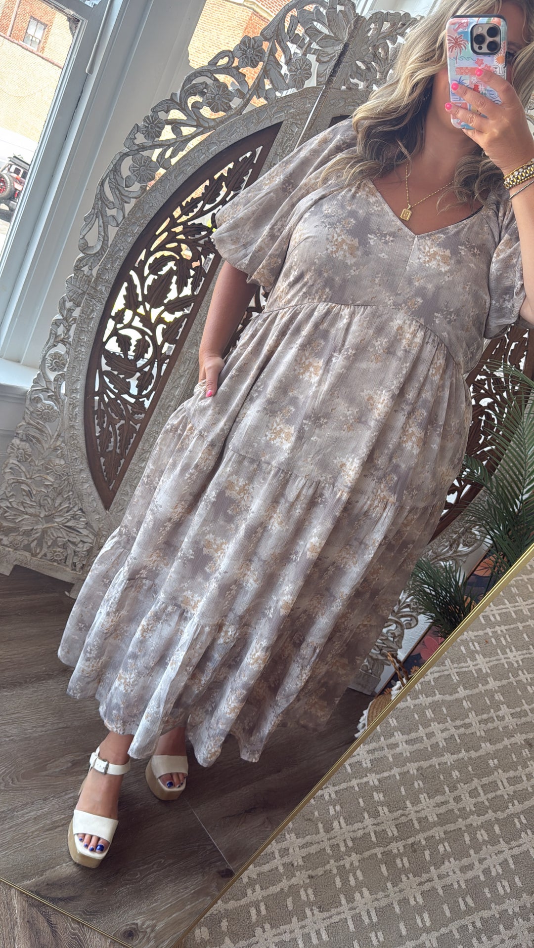 Granite Hues Whimsical Bubble Sleeve Maxi Dress, Taupe