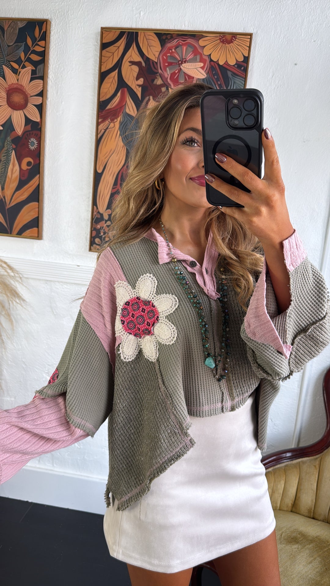 Sweet Impression Patchwork Long Sleeve Top, Olive Multi