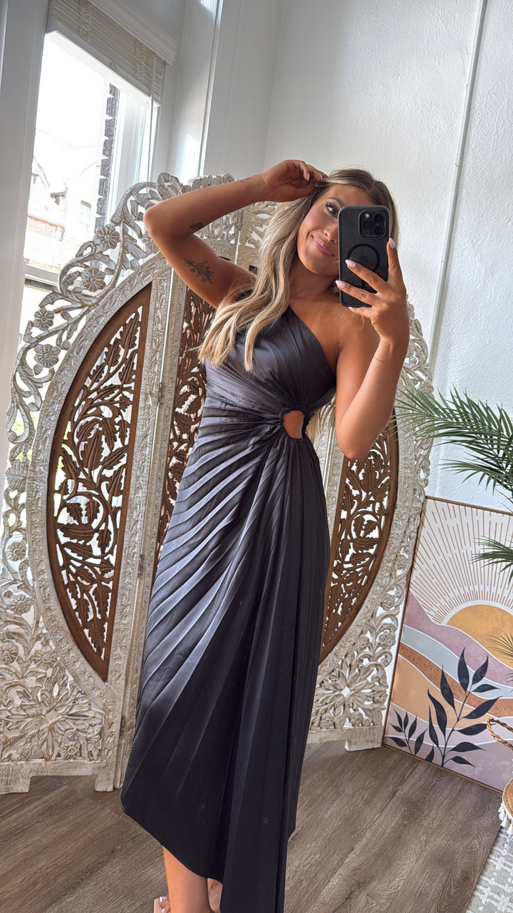 Olivia One Shoulder Satin Pleated Dress, Black