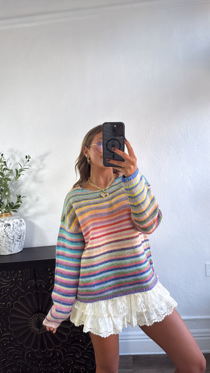 Painted Knit Striped Sweater, Purple/Sky
