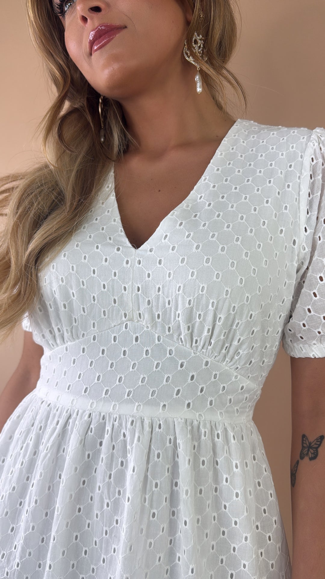 Eyelet V Neck Mini Dress, White Medium Eyelet V Neck Mini Dress, White Medium