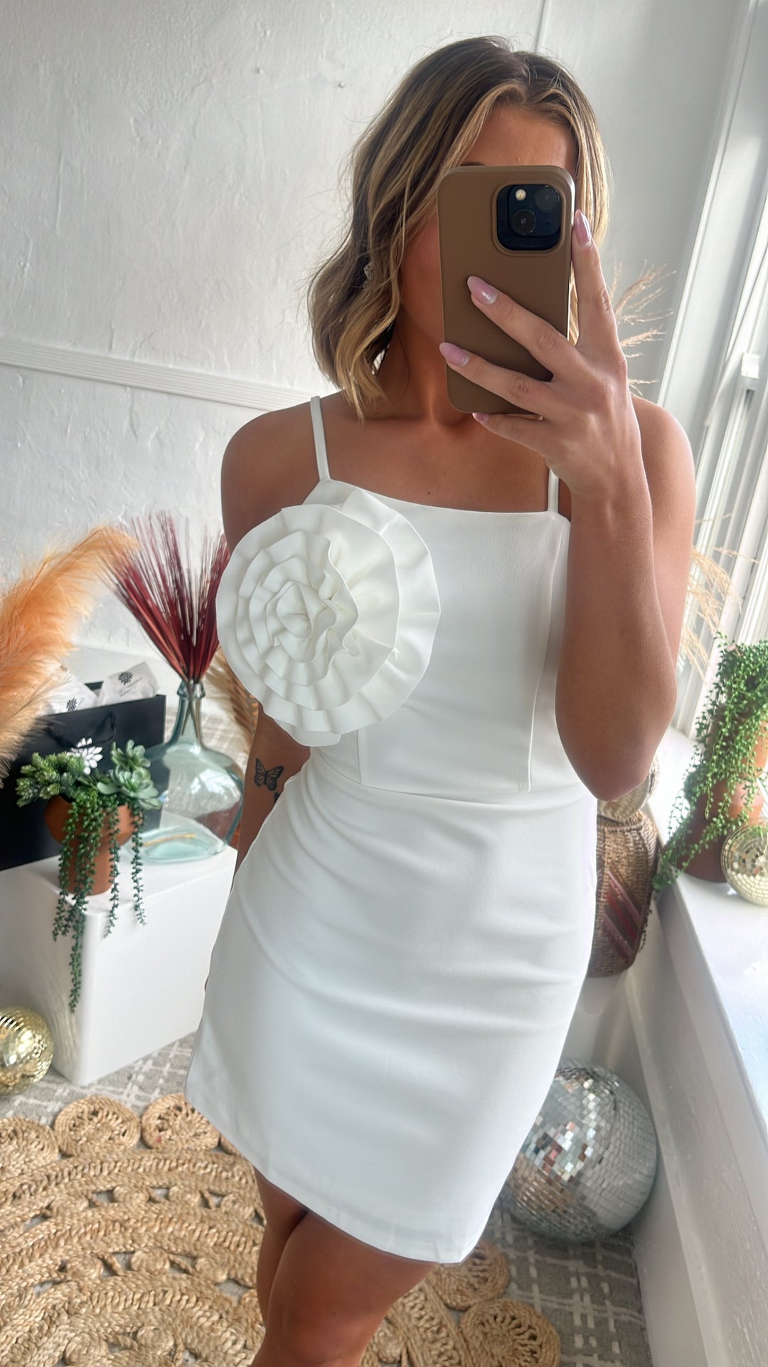 Rosette Bodycon Tube Dress, White Rosette Bodycon Tube Dress, White