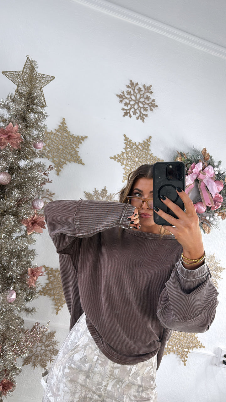 DOORBUSTER: Acid Washed Ribbed Cropped Pullover, Brown