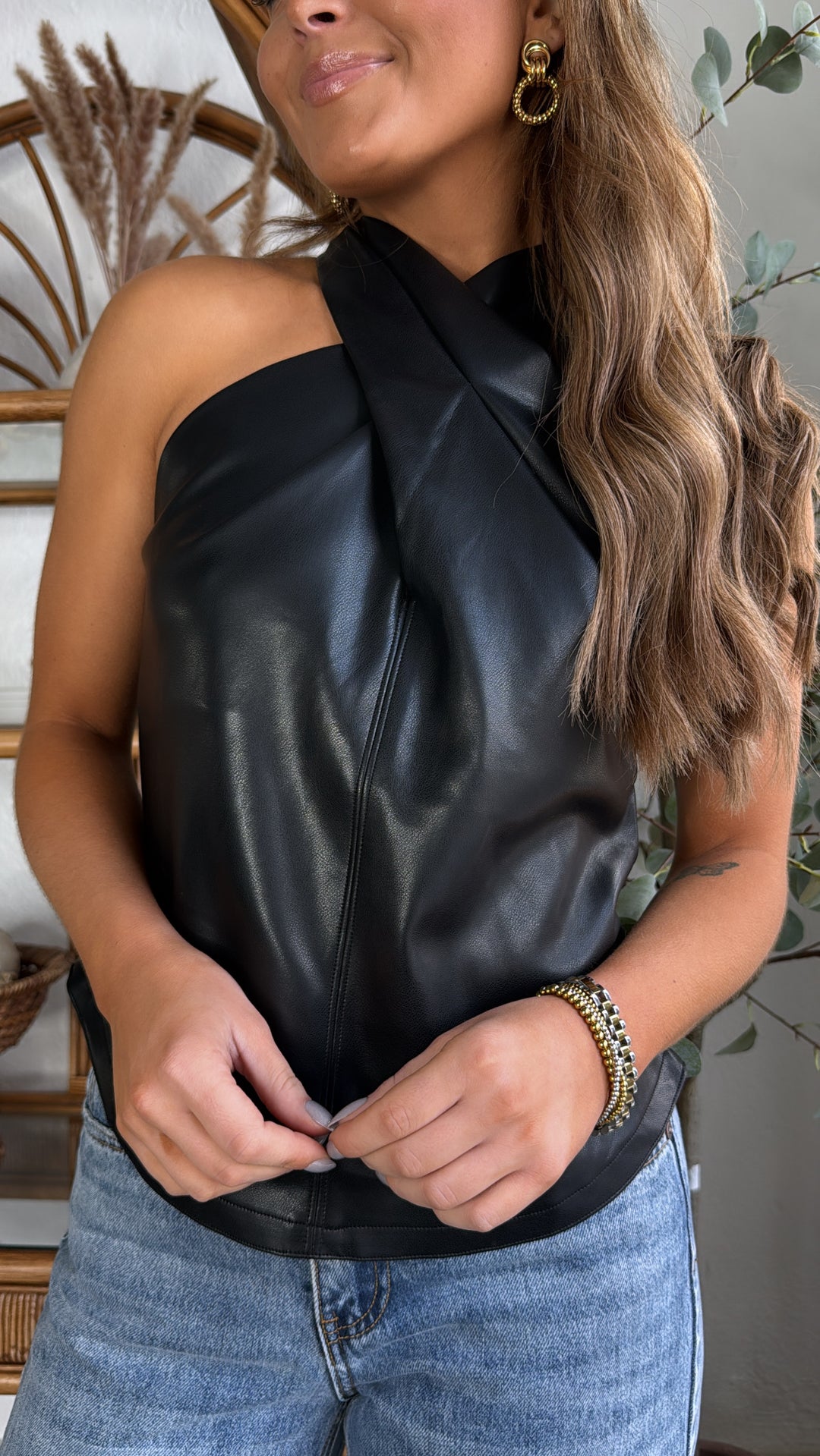 Aveline Faux Leather Top, Black