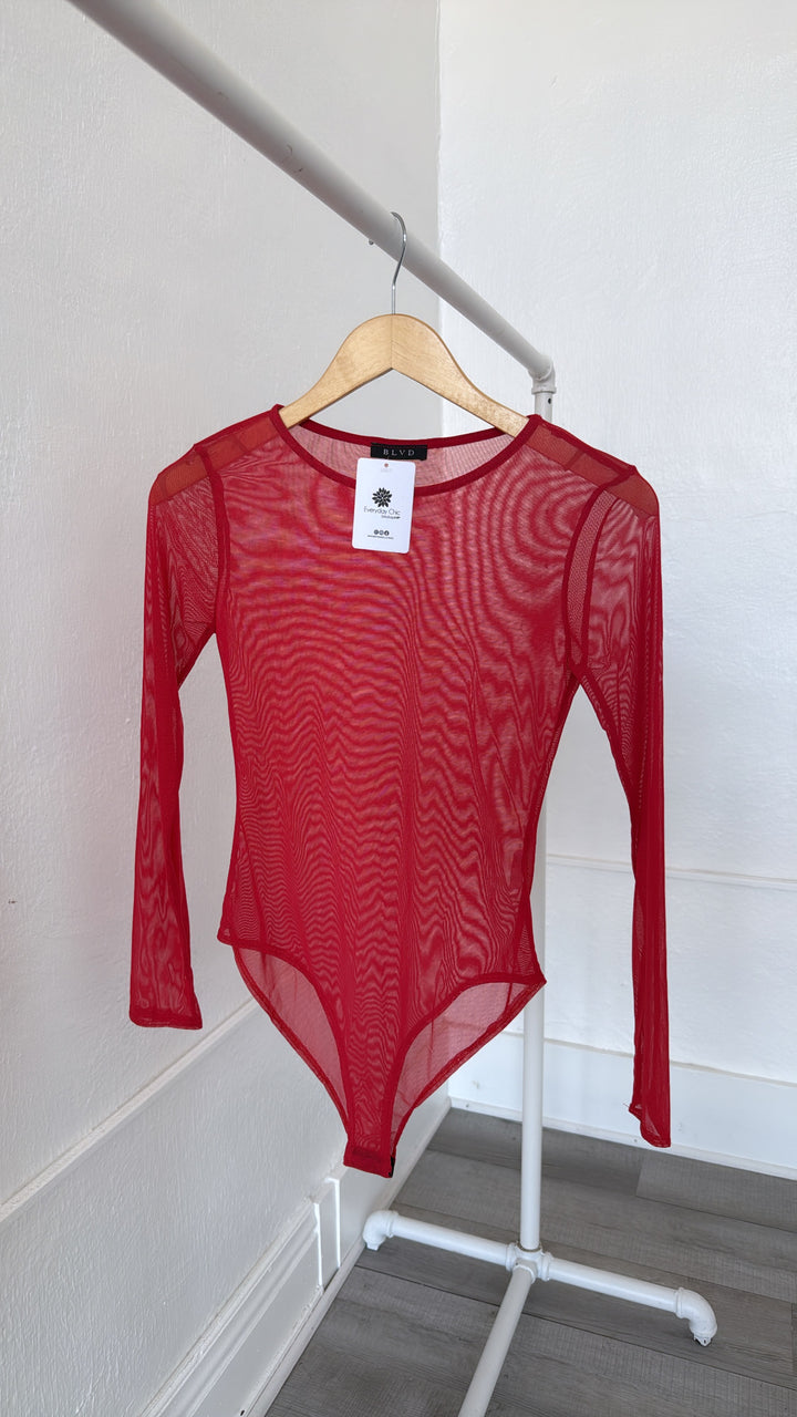 Solid Mesh Bodysuit , Red
