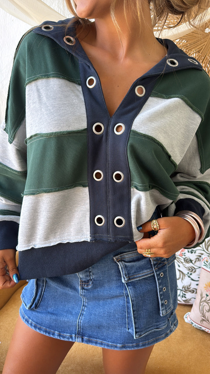 Oxford Pines Cropped Pullover, Forest/Navy