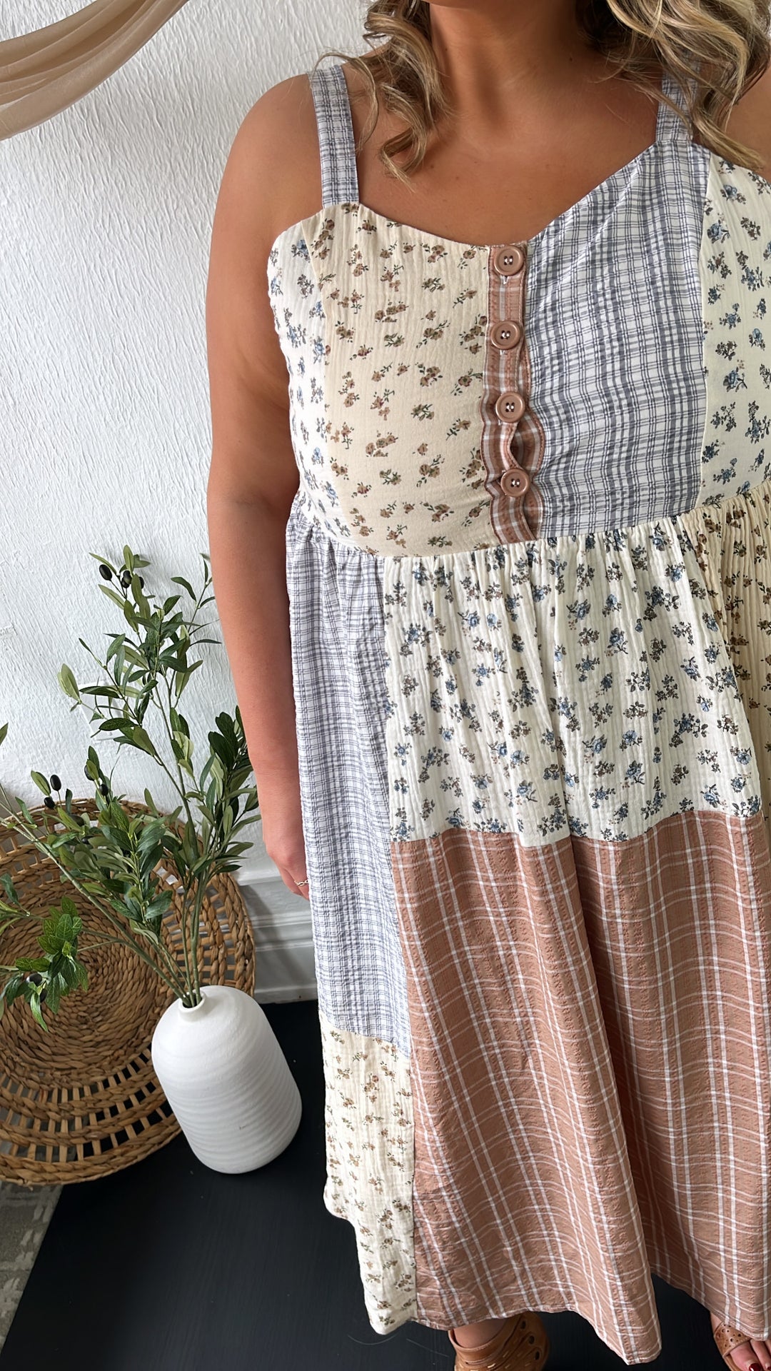 Patchwork Blooms Midi Dress, Ivory Everyday Chic Boutique Patchwork Blooms Midi Dress, Ivory Everyday Chic Boutique