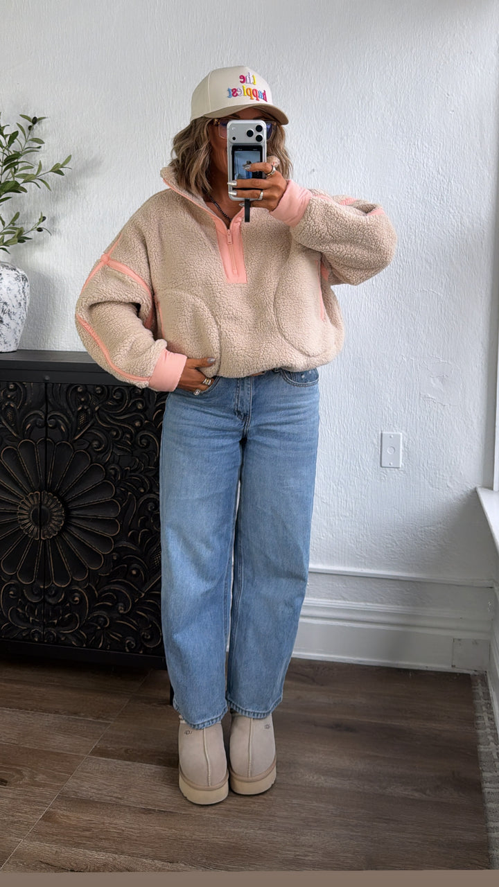 The Summit Quarter Zip Sherpa, Taupe/Coral