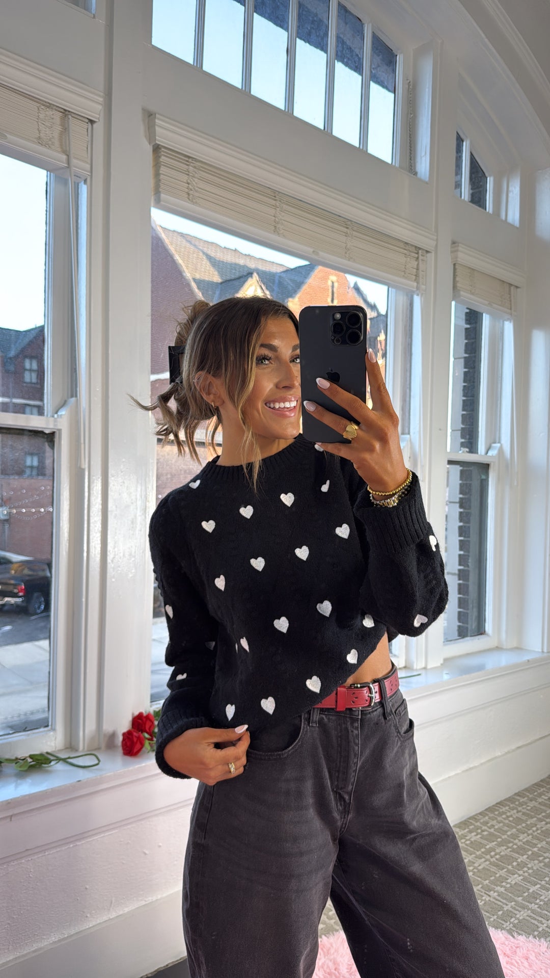 XOXO Heart Embroidered Pom Detailed Sweater, Black/Ivory