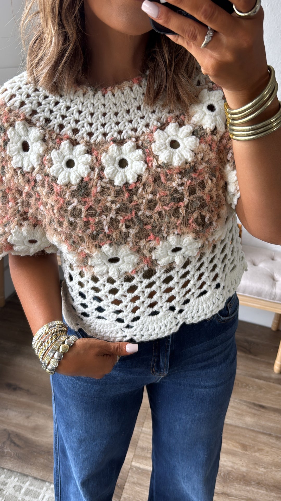 Garden Knit Sweater Top, Beige/Pink