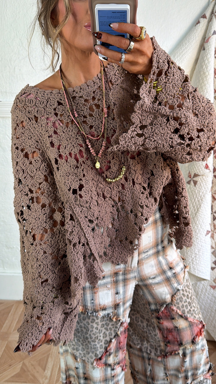 Scalloped Hem Crochet Sweater, Lt. Chocolate