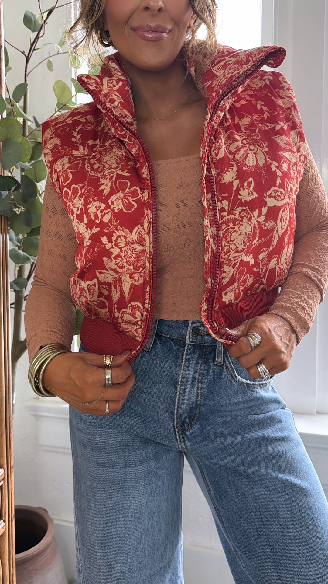 Vintage Marble Floral Printed  Puffer Vest