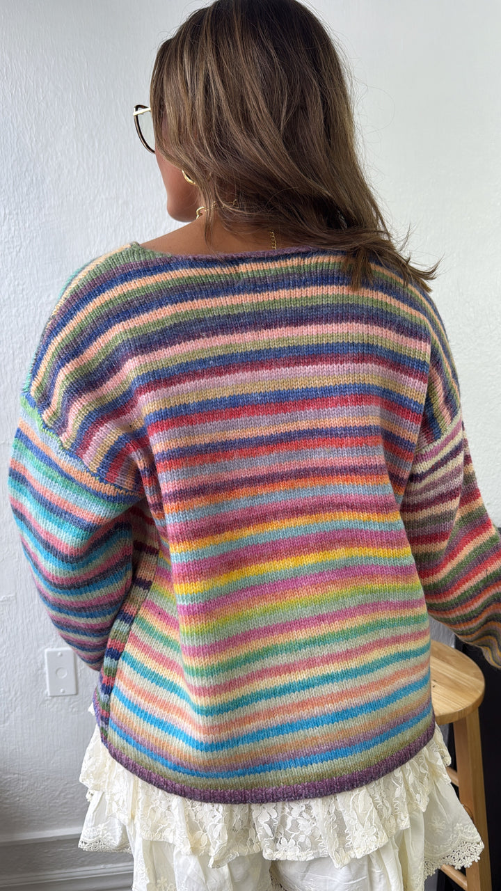 Painted Knit Striped Sweater, Purple/Sky