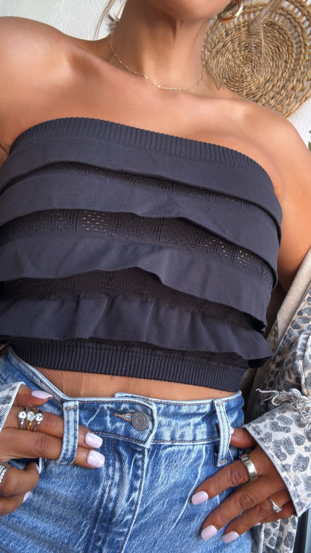 Layered Ruffled Tube Top, Black